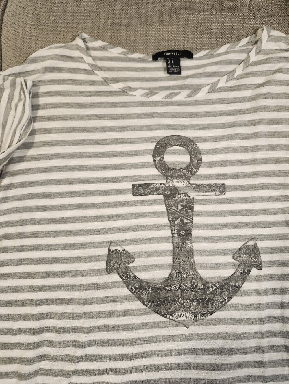 Forever 21 Gray & White Striped Tee with Decorative Anchor